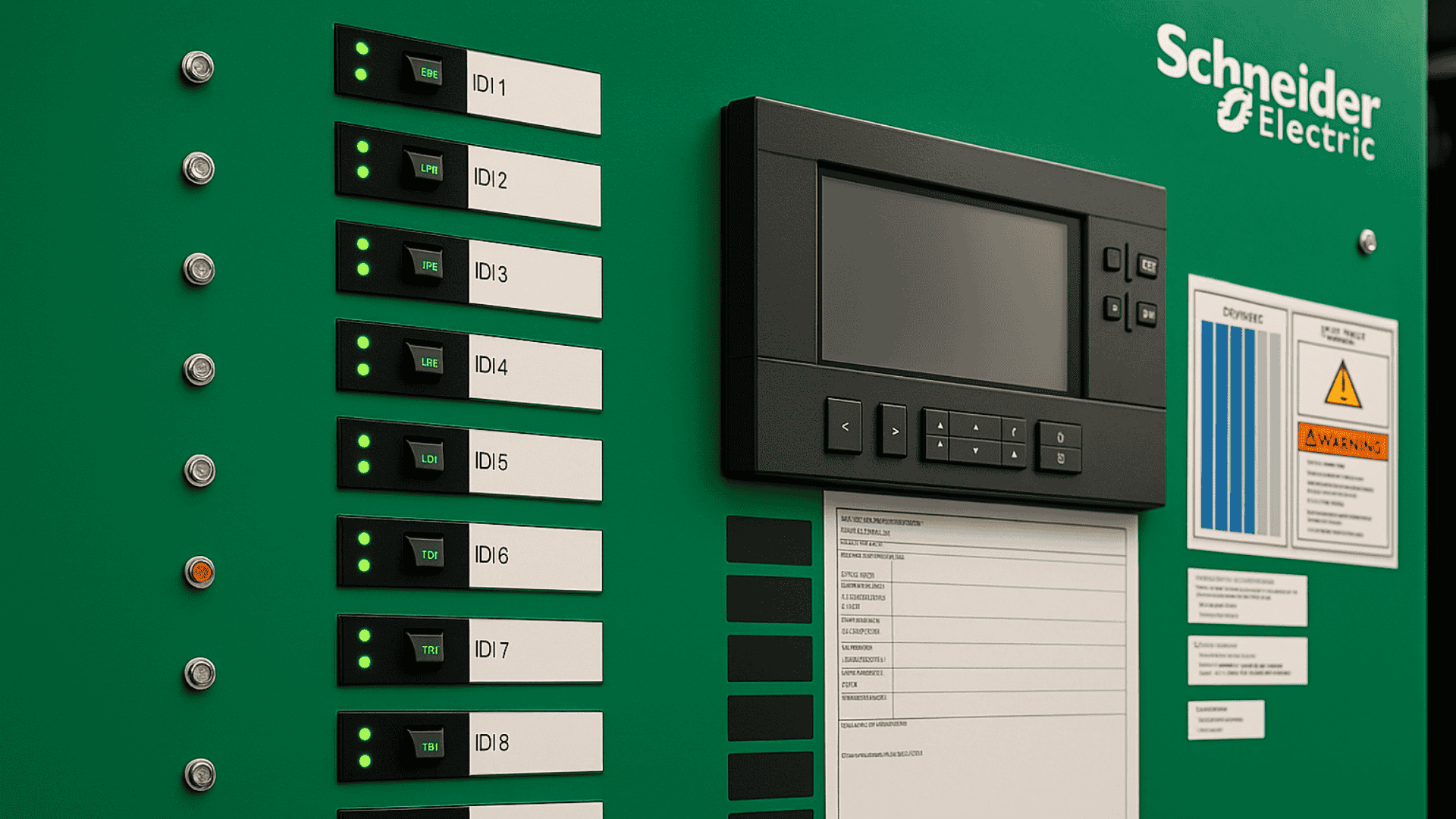 Close-up of a Schneider Electric control panel showing multiple ID modules, a touchscreen display, and warning labels.
